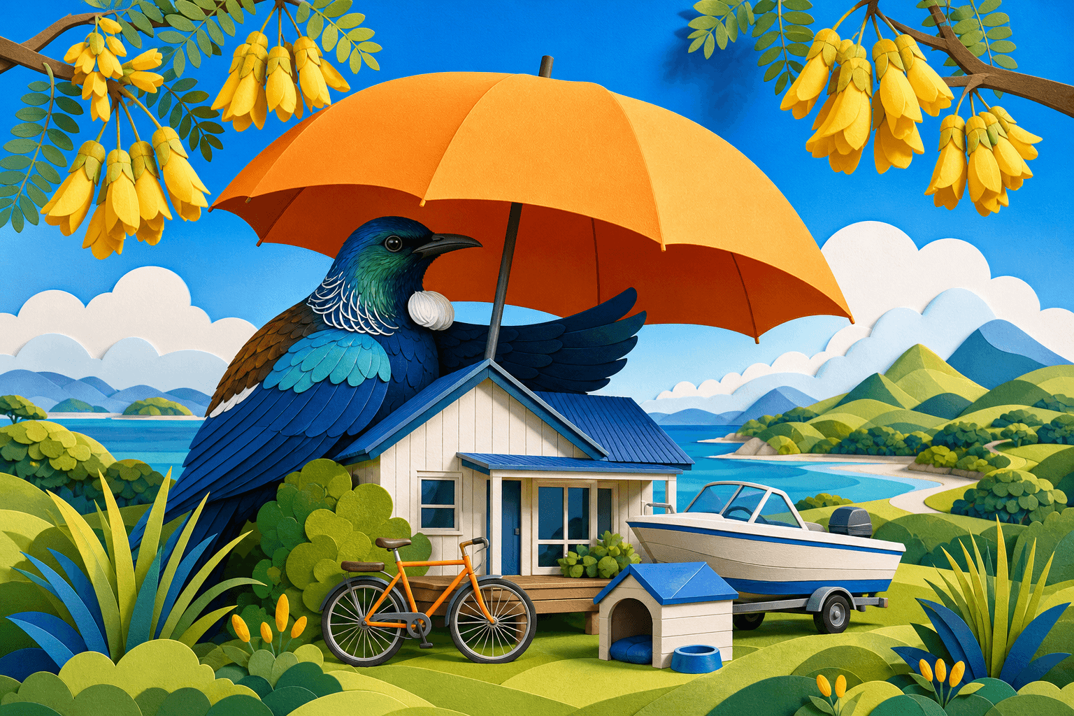 Paper-cut illustration of a tui sheltering a New Zealand home and belongings under an umbrella