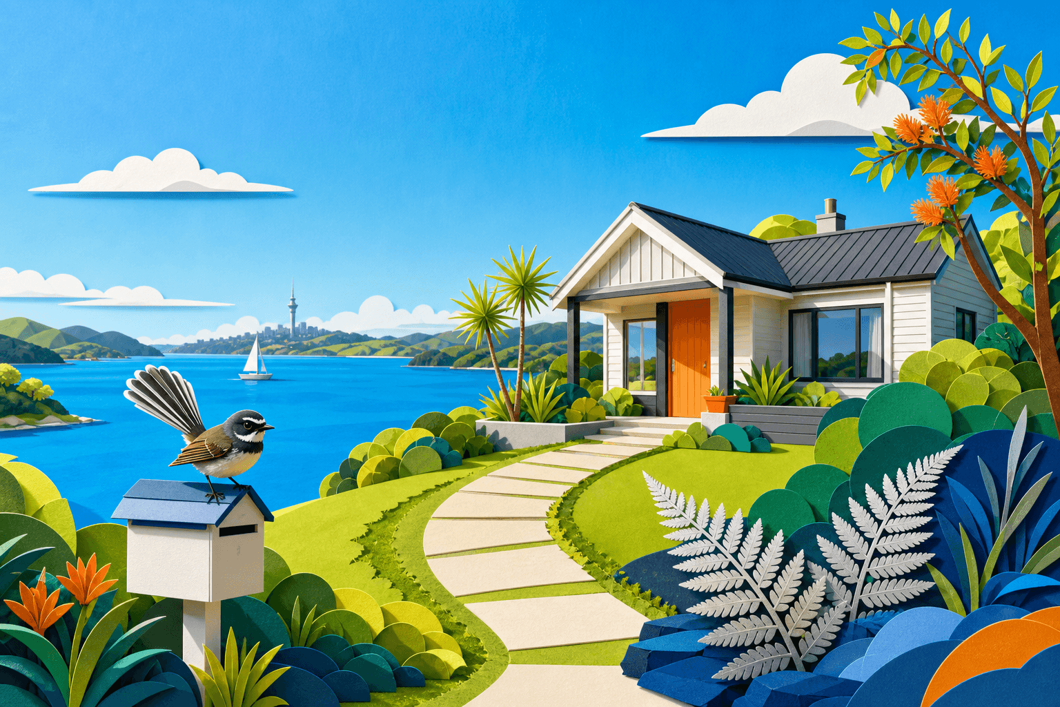 Paper-cut illustration of a New Zealand home beside a harbour with a fantail